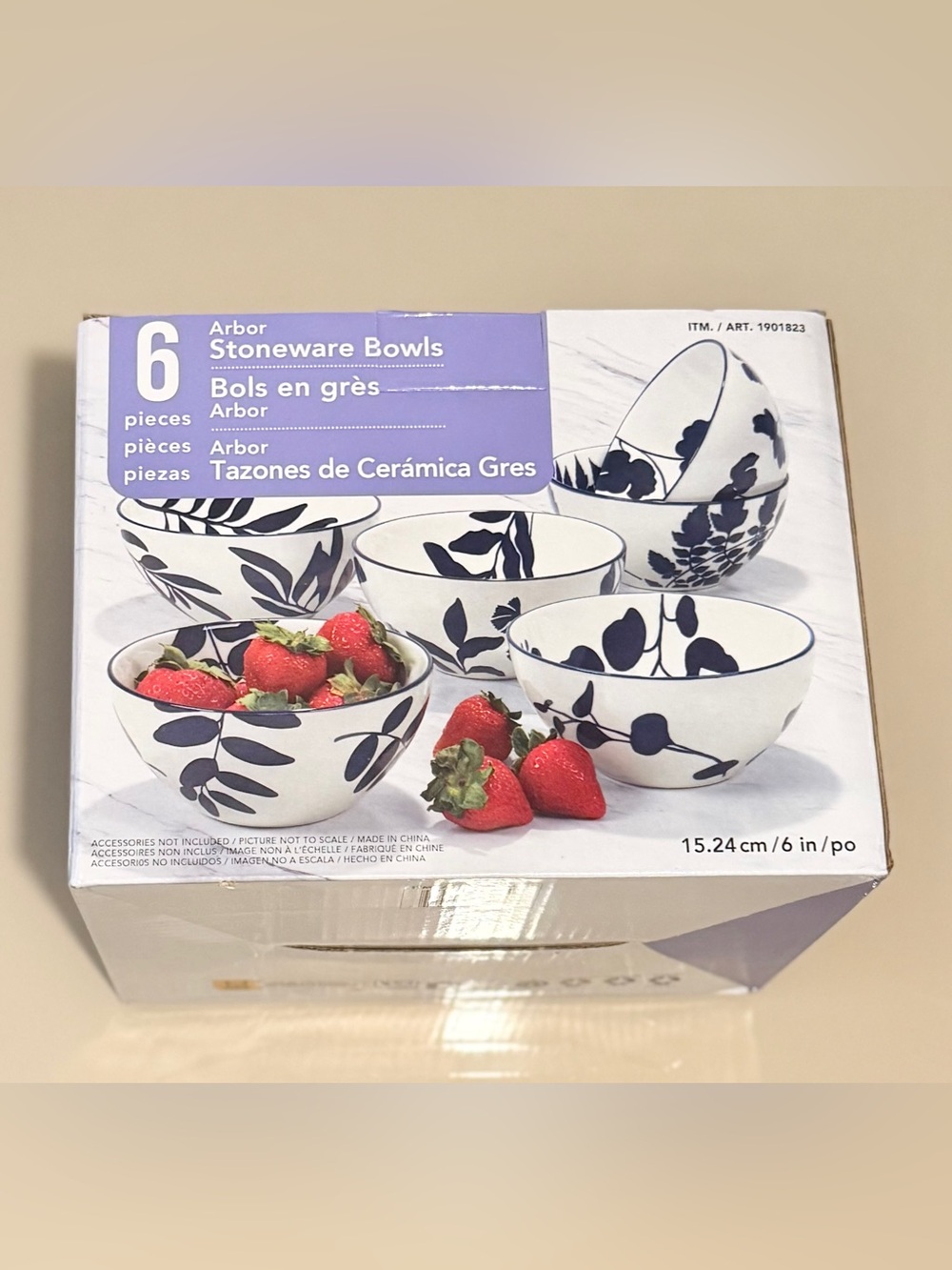 Arbor Stoneware Bowl Set of 6 — White with Blue Botanical Motifs